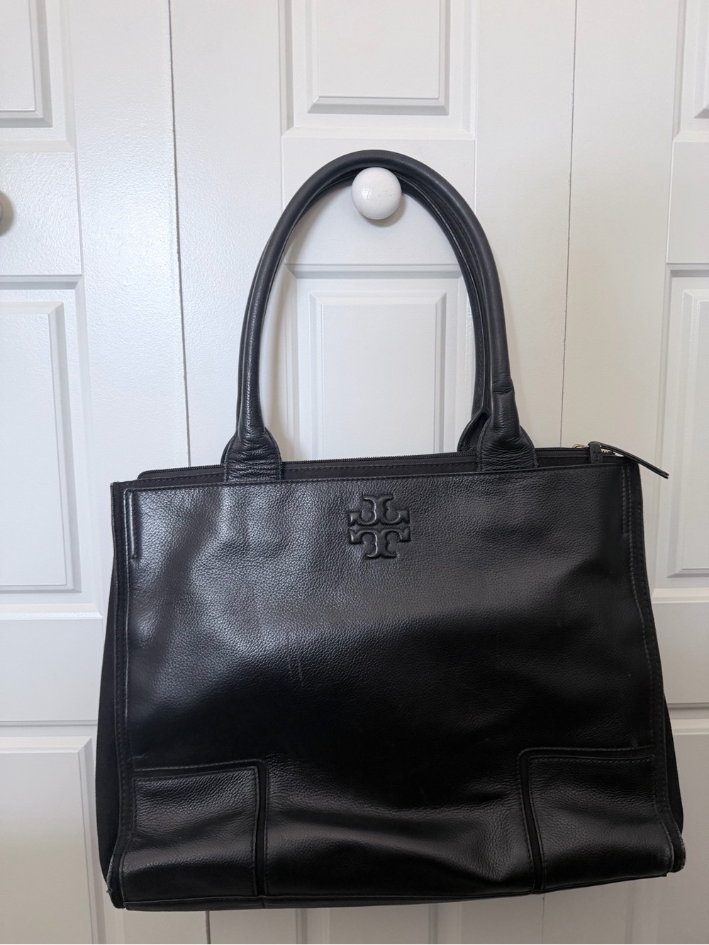 Tory Burch Black Leather Structured Tote with Logo